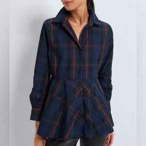 NEW Pomander Place Plaid Peplum Blouse Women’s XS Green/Navy/Red Preppy Button
